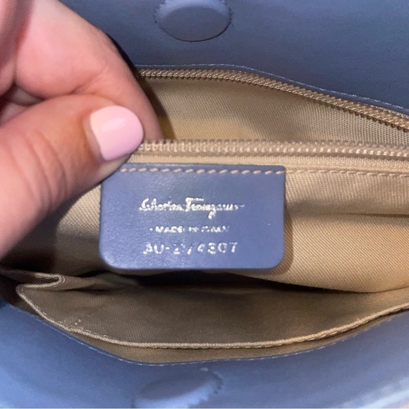 Salvatore Ferragamo Light Blue Vara Tiered Grosgrain Braided Handbag - Picture 5 of 7